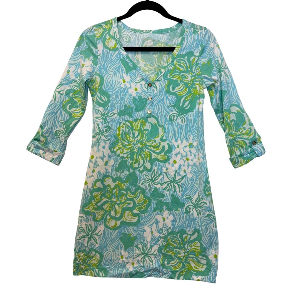 Lilly Pulitzer 100% Cotton Tunic Dress Blue Green Floral Print V-Neck Size Small